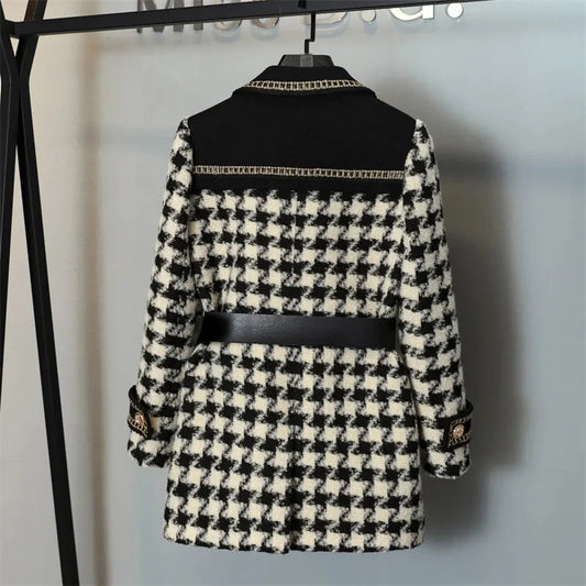 Woolen Coat Women Winter New Double-Breasted Mid-Long Plaid Woolen Windbreaker Fashion Pocket Belt Outwear Wool Coats Female