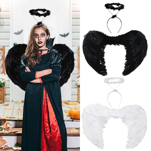 EtherealBe angel wings halo costume set featuring black and white feathered wings with a matching halo