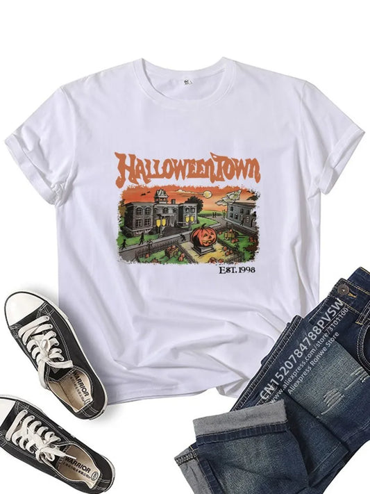 EtherealBe Halloween graphic t-shirt for women featuring a colorful Halloweentown design