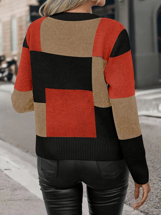 Melard Patchwork Colorful Pullover Knit Sweater Color Block Plaid Sweater LL256