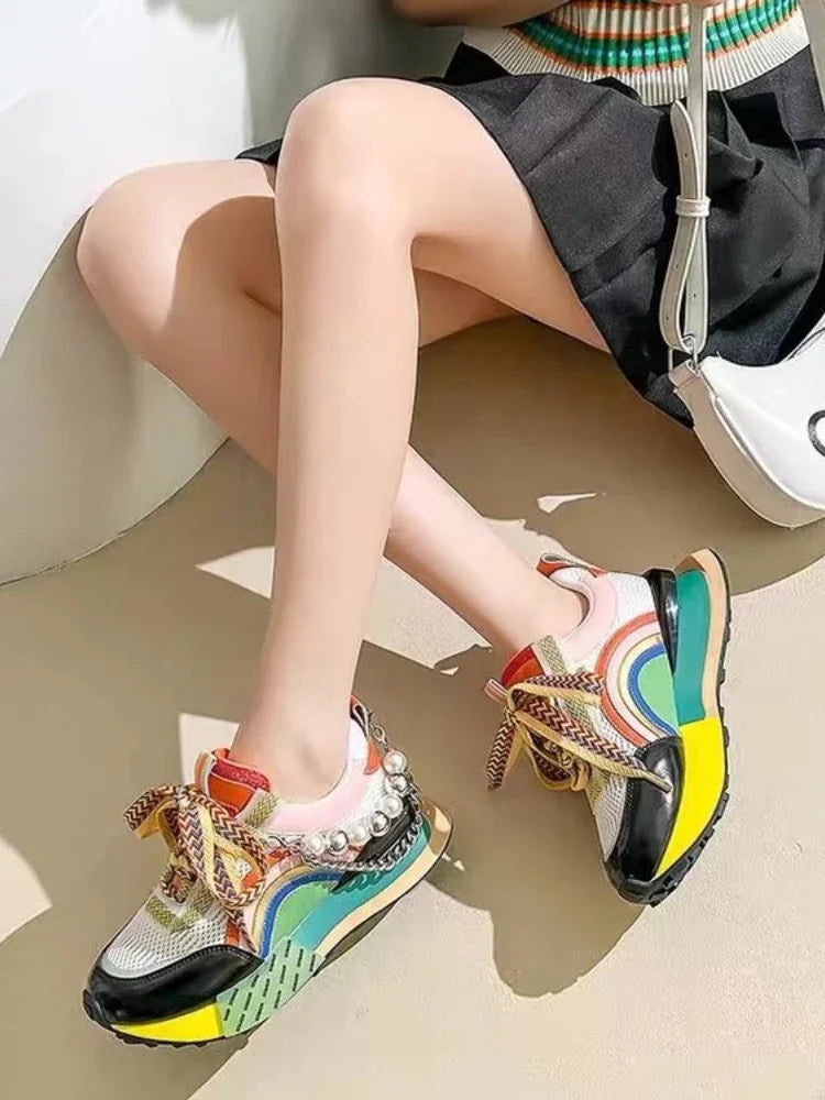 Lace Up Pearl Chain Decorative Women's Vulcanized Shoes Women's Platform Sneakers Zapatos De Mujer Women Shoes 2023
