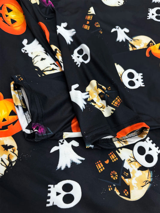 EtherealBe plus size Halloween pumpkin T-shirt featuring colorful pumpkin and ghost prints