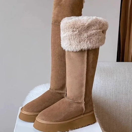 Turned-over Edge Knee-high Snow Boots Flat with Slip-on Ladies Shoes 2024 High Quality Round Toe Mid Heel Concise Women's Boots