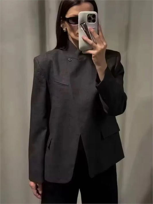 Spring Women Faux Wool Blend Blazer High Neck Long Sleeve Single Button Pocket Elegant Women's Tops Female Chic Coats