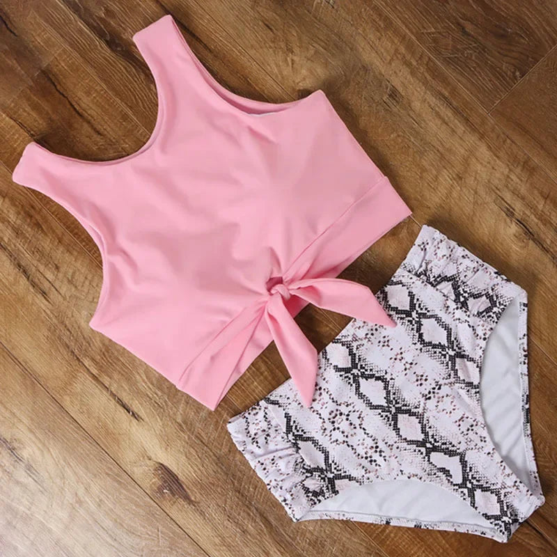 High Waist Bikini Sexy Swimwear Women Striped Leopard Front Tie Push Up Two Piece Swimsuit Beach Bathing Suit Vacation Outfits