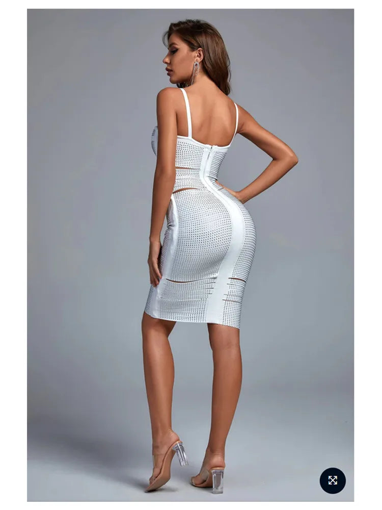 New Summer White Color Women Sleeveless Sexy Hollow Out Bodycon Mini Dress Bandage Celebrate Birthday Party Dress