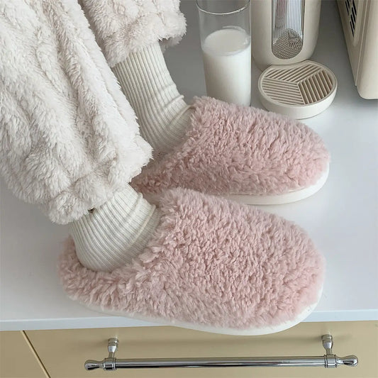 Japanese Simple Solid Color Home Slippers For Women Fluffy Winter Warm Indoor Bedroom Slides Female Furry Shoes