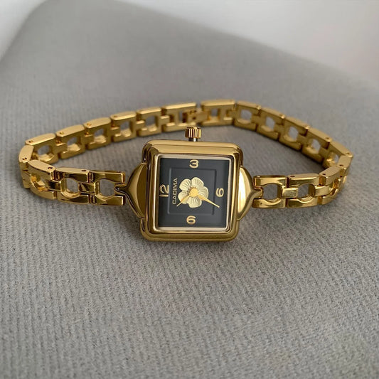 New vintage women's watch black gold camellia chain light luxury fashionable square high-end women's quartz watch