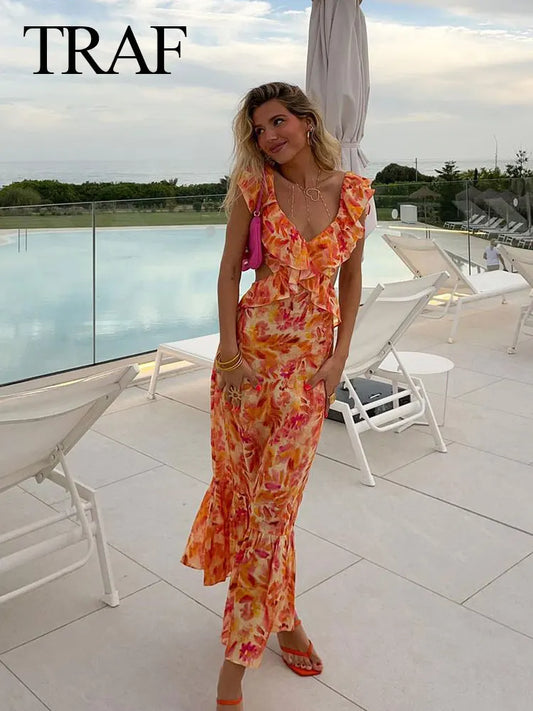 TRAF Summer Fashion Women Sexy V-neck Sleeveless Backless Orange Dress Ruffle Printed Hollow Out Women's Long Dresses For Beach