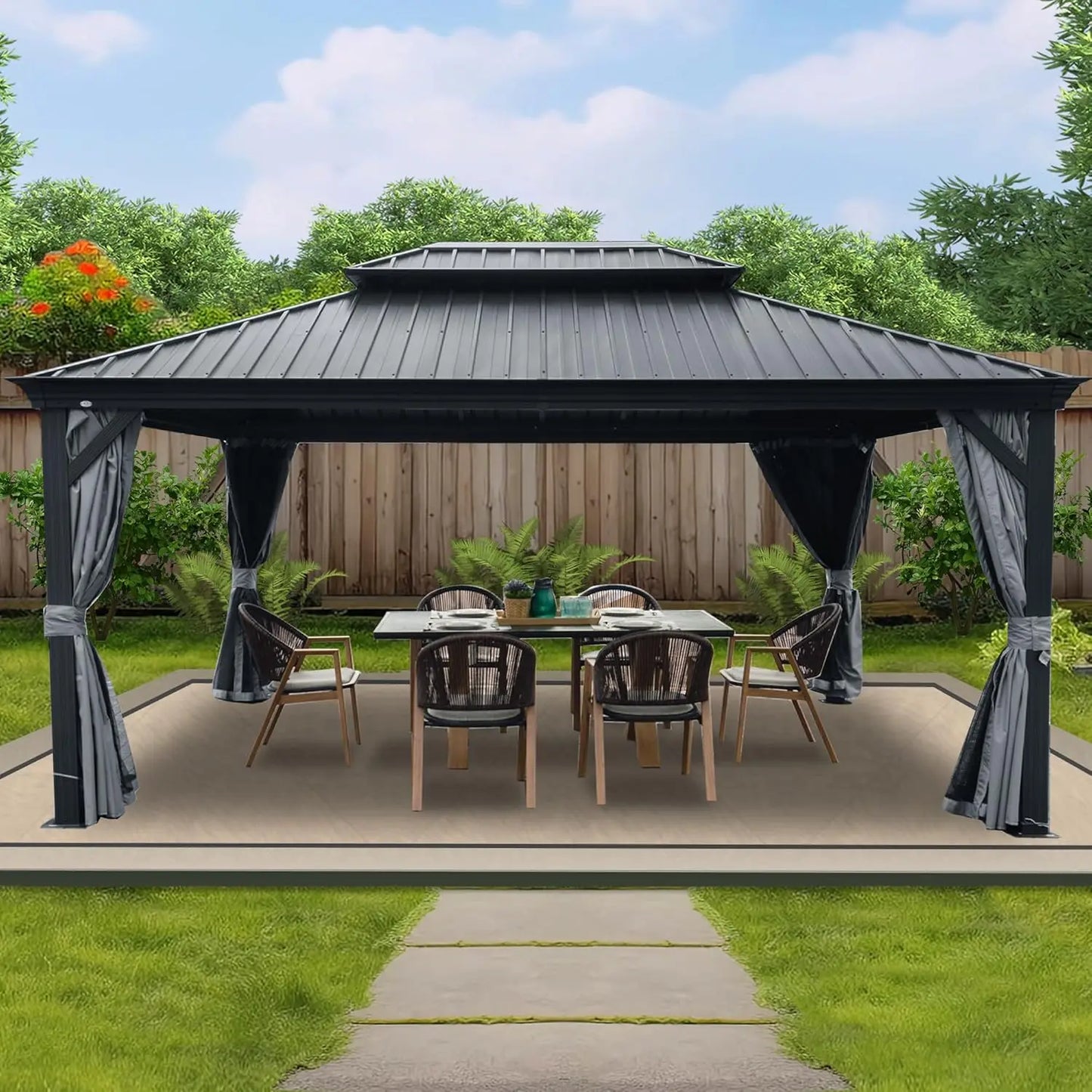 Hardtop Gazebo, Aluminum Metal Gazebo with Galvanized Steel Double Roof Canopy, Curtain and Netting, Permanent Gazebo