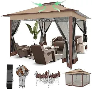12x12 Pop Up Gazebo Canopy Tent Easy Up Outdoor Gazebo Waterproof Upgrade Portable Gazebo with Mosquito Nettings, Double Vented