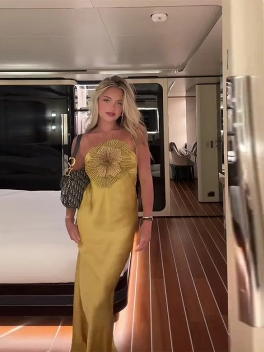 Elegant Party Women's Dress 3D Flower Halter Sleeveless Backless Mermaid Satin Female Dresses 2025 Summer Chic Evening Lady Robe