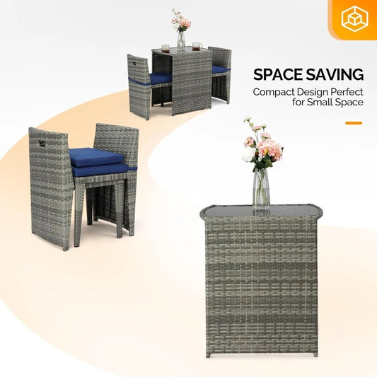 3 PCS Wicker Outdoor Patio Bistro Set, Patio Furniture Set,Space with Glass Top Table Dining Chairs, for Garden Yard Porch
