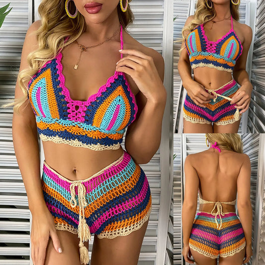 Summer Sexy Beach Vacation Bikini Split Color Striped Hand Crochet Knitted Swimsuit Set High Waist Two Pieces Woman Swimsuits
