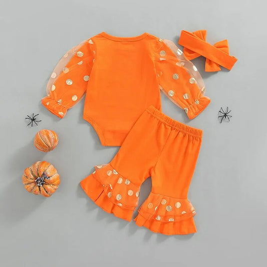Newborn Baby Girl Halloween Outfit Mesh Puff Sleeve Romper Ruffles Bell Bottom Pants Set with Headband Clothes