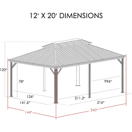 Hardtop Gazebo, Aluminum Metal Gazebo with Galvanized Steel Double Roof Canopy, Curtain and Netting, Permanent Gazebo