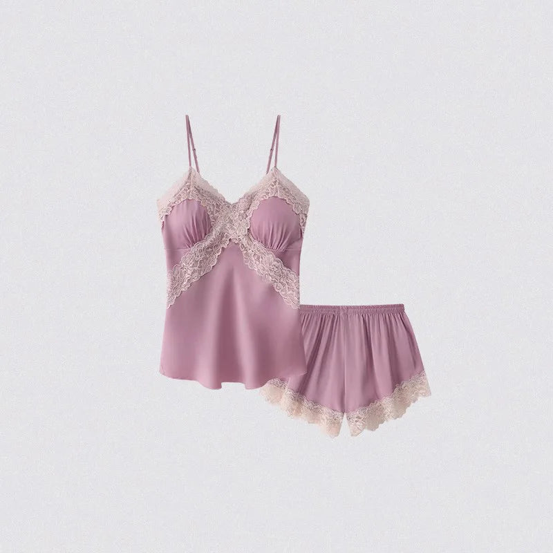 Womens Sexy Satin Pajama Set Lace Trim Cami Top Shorts Lingerie Sleepwear Silky Black Cream V Neck Spaghetti Strap Two Piece