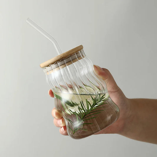 YWDL 500ml Glass Tumblers Cups With Straw Mason Jar Clear Juice Coffee Milk Cup With Bamboo Lids Drinkware Stripe Beer Mug