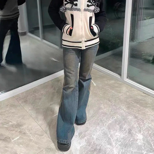 Grunge High Waist Flare Jeans Vintage Striped Denim Pants Y2k Harajuku Bell Bottom 2000s Skinny Mopping 90s