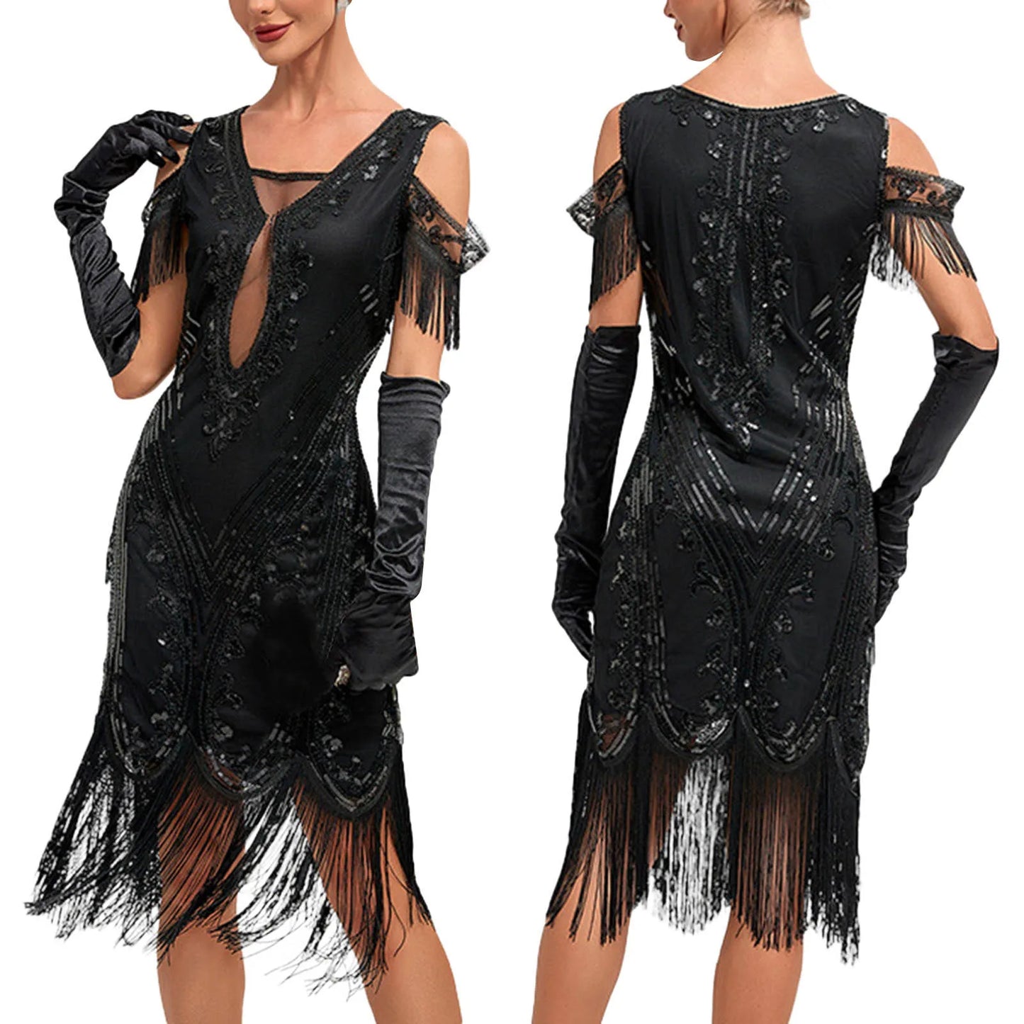 1920s Vintage Flapper Great Gatsby Party Dress V-neck Sleeveless Sequin Beaded Style Style Tassel Flapper Vestidos Feminina 1920