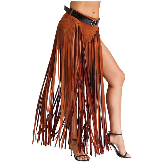 Womens Hippy Cosplay Costume High Waist Suede Underwear with Long Tassels And Belt Halloween Dress Up 70s Disco Costume