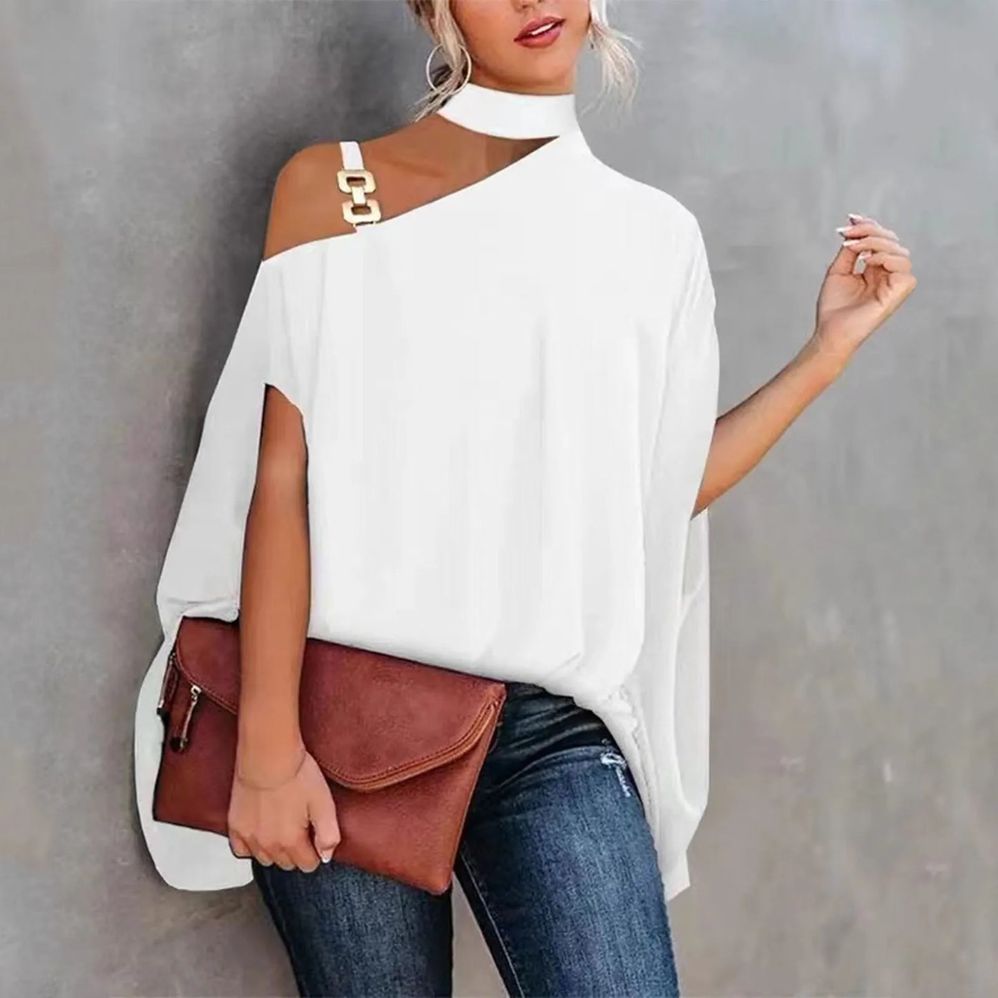 T Shirts For Women Casual Solid Color Off Shoulder Irregular Hem Short Sleeves Blouse Elagant Temperament Fashion Streetwear