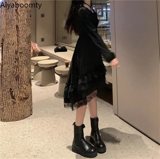 New Gothic Women Black Fairy Dress Cross Square Collar Lolita Princess Irregular Dress Cute Kawaii Lace Ruffles Chic Dress