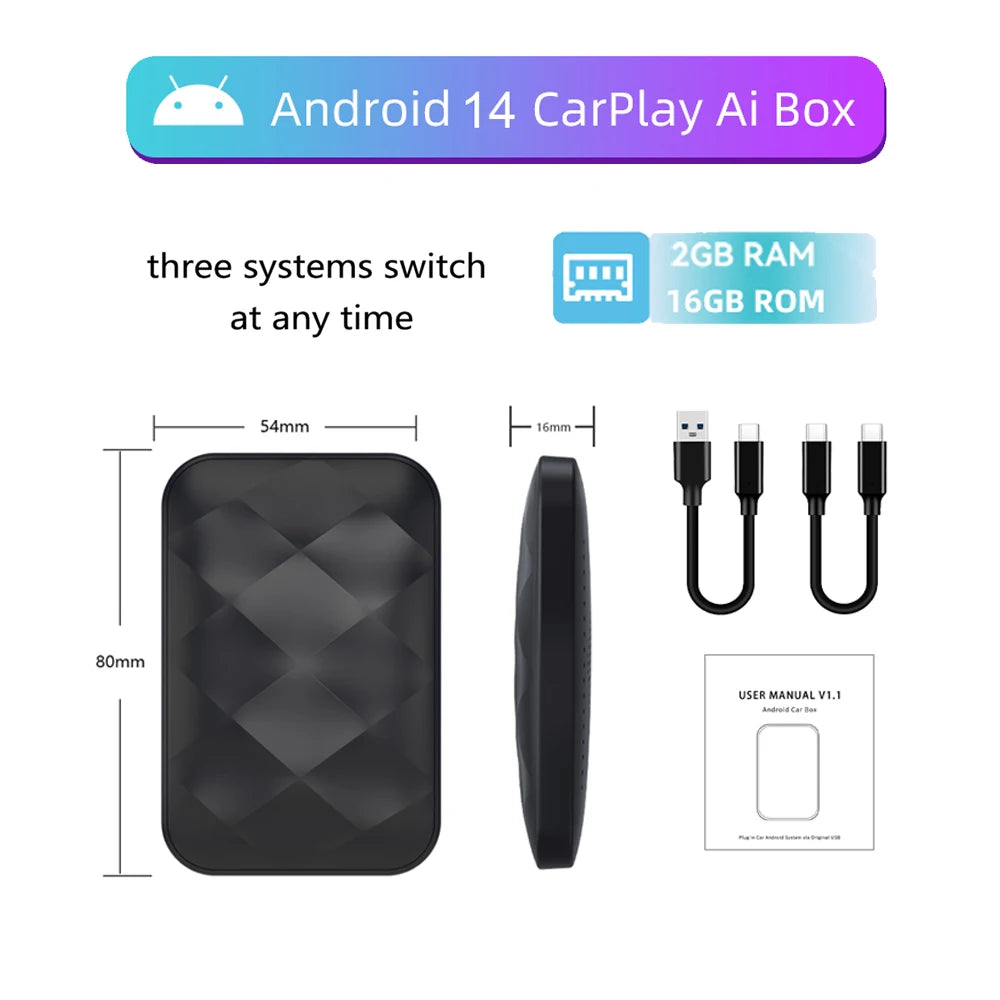 Acodo 2025 Android 14 3In1 CarPlay Ai Box Wireless Android Auto USB Adapter For Youtube Netflix Universal TV Box Plug And Play