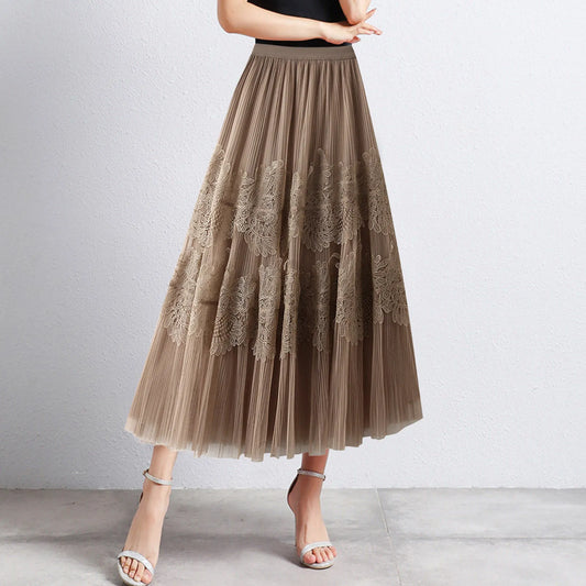 Women Mid Length Skirts Dance Party A Line High Waisted Lace Tulle Skirt Pleated Mesh Half Skirts Holiday Party Costumes