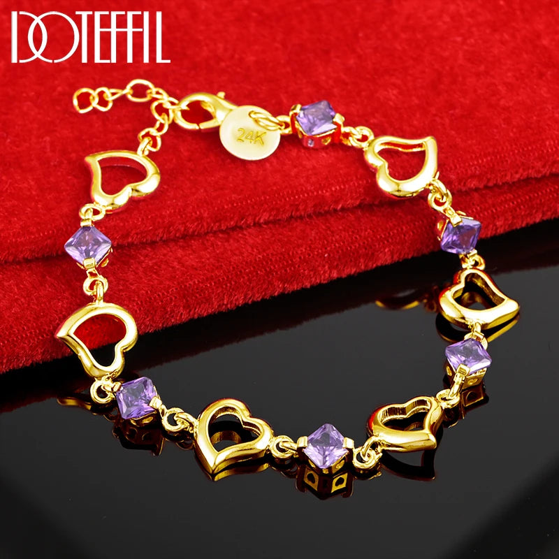 DOTEFFIL 925 Sterling Silver Heart Purple Zircon Bracelet For Women Jewelry Engagement Party Christmas Gift