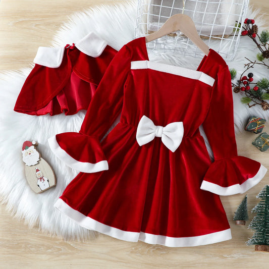 Kids Cosplay Christmas Dresses For Girls 2pcs Sets Christmas Cloak Red Velvet Dress New Year Children Costume Baby Party Dresses