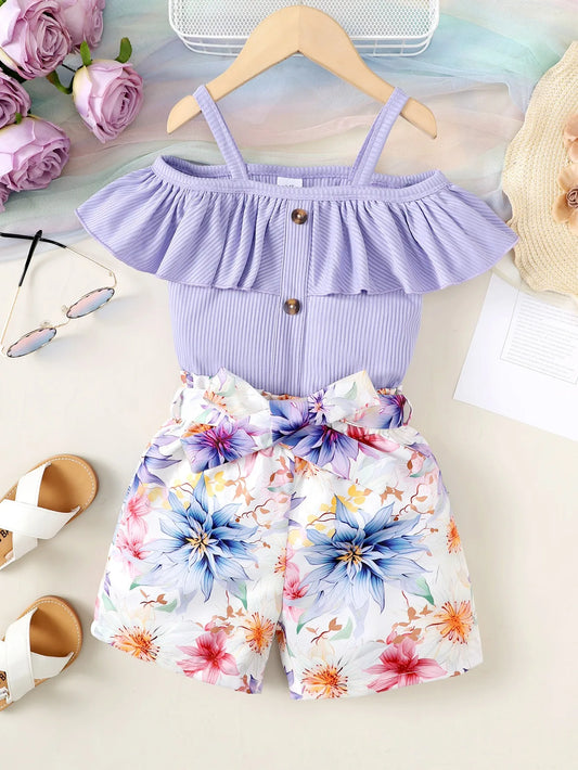 2PCS Child Girl Clothes Set Shoulder Leakage Short Sleeve Top+Flower Shorts with Bow Summer Lovely Wear for Kid Girl 4-7 Years