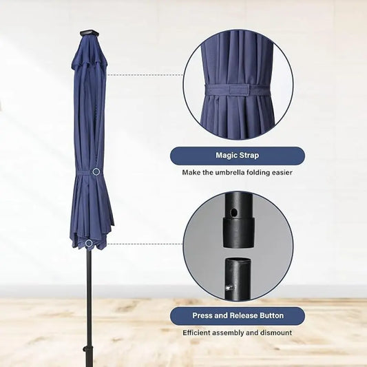 9' Solar Umbrella 32 LED Lighted Patio Umbrella Table Market Umbrella with Push Button Tilt Crank Outdoor Umbrella for Garden D