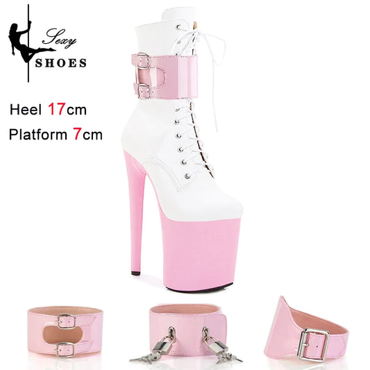 New Sexy Red Fetish Zip Women's Boots T Show Lock Belt Buckle Club Party Ankle Boots Thin High Heels Laces Stripper Heels Boots