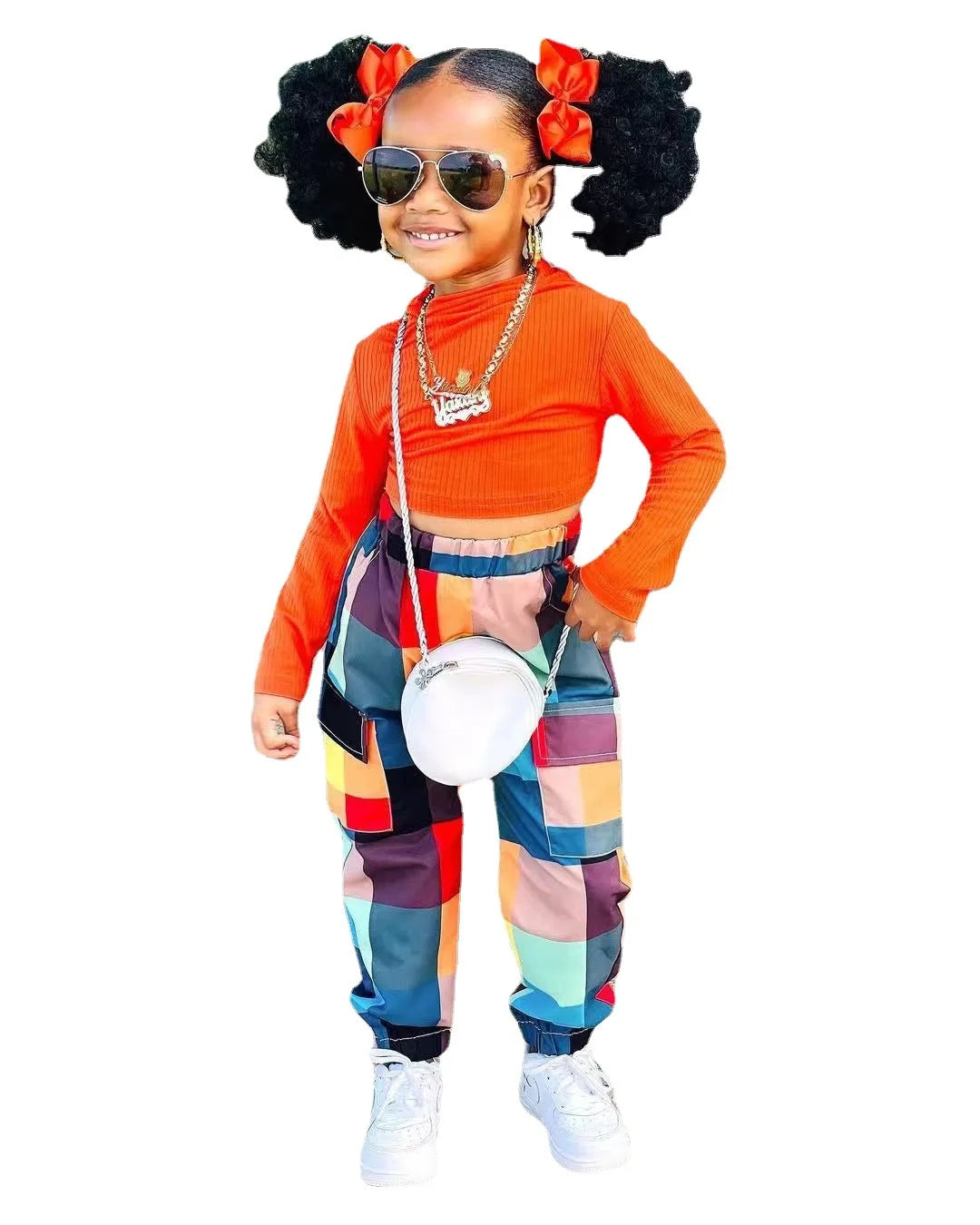 Qunq Girls' Spring 2024 New Fashionable Solid Color Long Sleeved Top Plaid Leggings Two-piece Set kids girls clothes