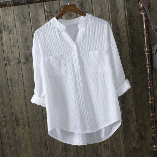 Cotton White Shirt Women's Tops Mujer Office Long Sleeve New Korean Loose Casual Vertical V-neck Shirts Top Blusas De Mujer