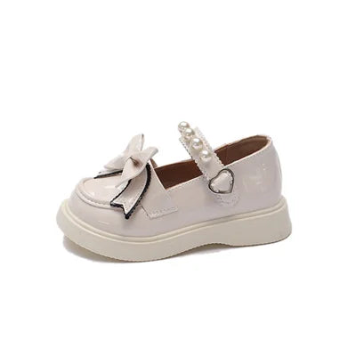 Girls Beige/black Round Toe Princess Shoes Pearl Bow, Girls Four Seasons Outdoor PU Princess Shoes, Size 26-36