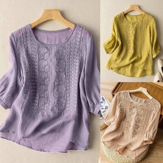 Cotton Linen Half Sleeve T-Shirts Womens Vintage Simple Floral Embroidery Blouses Retro Plain Lightweight Summer T-Shirts Tops