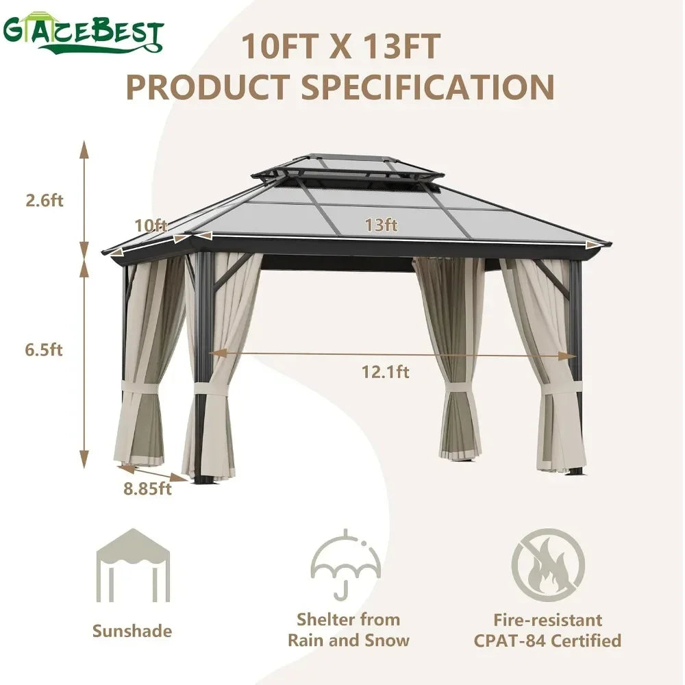 Polycarbonate Double Roof Pavilion Pergola Canopy with Privacy Curtains and Aluminum Frame, 10' X 13' Hardtop Permanent Gazebo