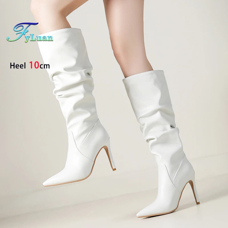 2025 Winter Knee Boots With Heels Woman 10CM Stiletto Fashion Slip on Pointy Autumn Shoes Women Soft Leather Pleated Long Boots