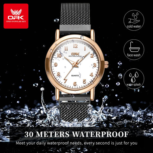 OPK 8115 Women's Watches Simple Fashion Oirginal Wristwatch for Female Stainless Steel Mesh Strap Waterproof Luminous Reloj
