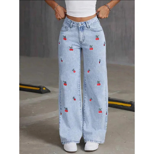 Women Jeans Embroidery High Waist Distressed Washed Pockets Vintage Floor Length Trousers 2025 Denim Wide Leg Pants Streetwear