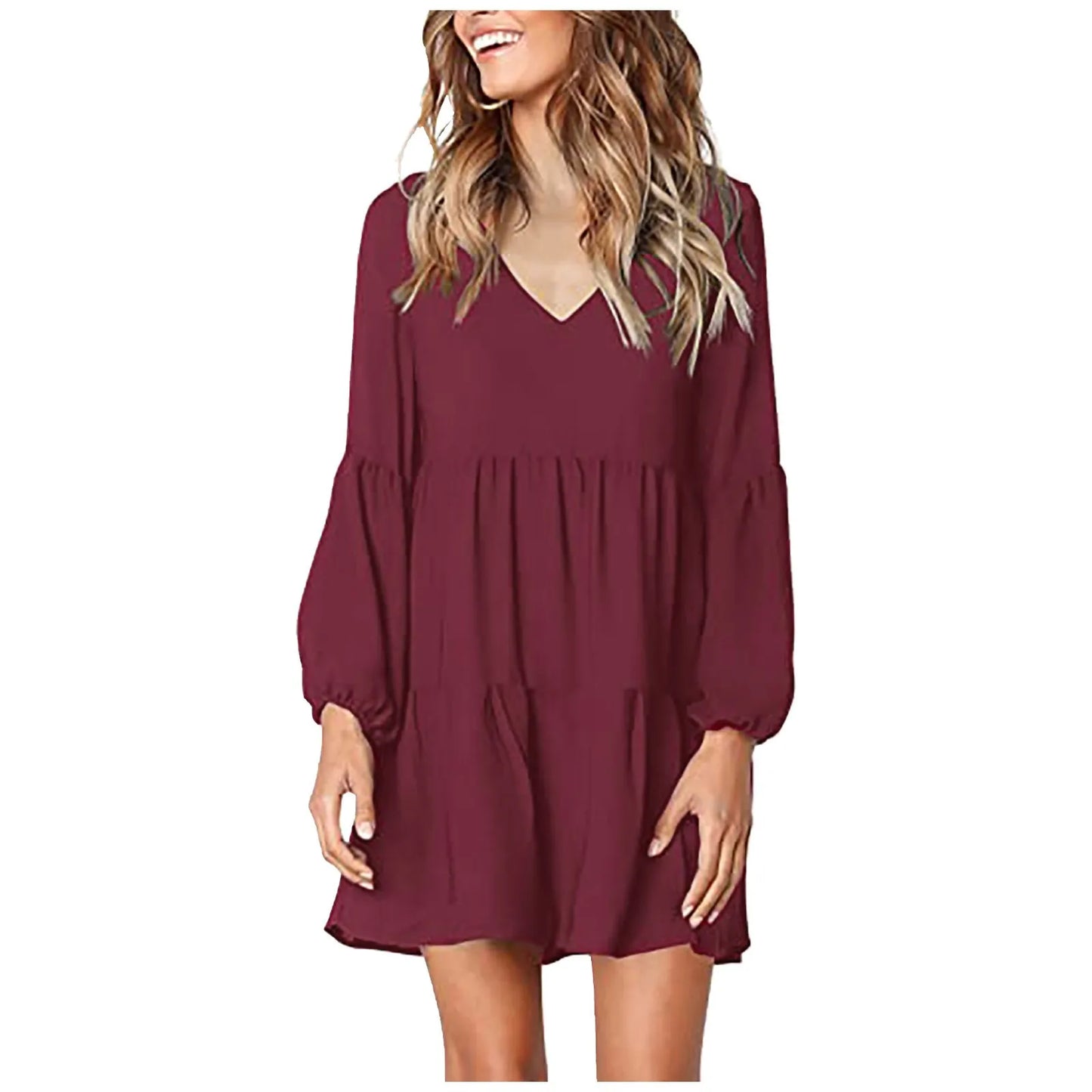 EtherealBe casual long sleeve v neck dress in burgundy with a flowy silhouette and puff sleeves