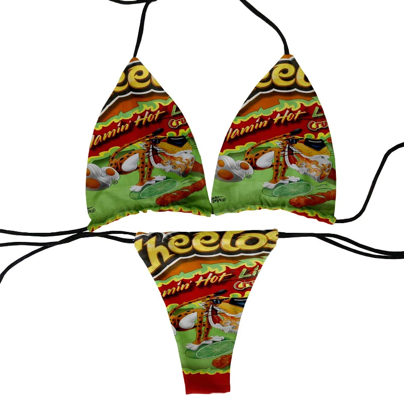 Funny food and potato chip print summer swimsuit women sexy bikini panties thong G-string swimming trunks beachwear