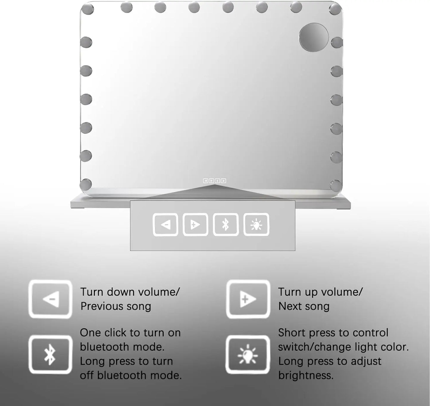 Hollywood Make-Up Mirror with Lighting 20 LED,Bluetooth Player, 80x60cm Large Cosmetic Mirror with 3 Dimmer Light ,USB,Touch