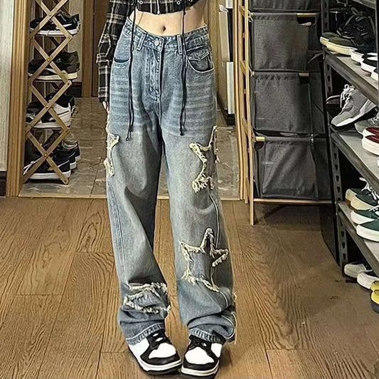 Star Y2k Baggy Wide Leg Jeans Women Vintage Streetwear Washed Denim Pants Grunge Basic Slouchy Blue Trousers Femme Autumn Jeans