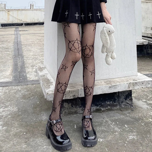 Lolita Cute Pentacle Print Tights Women Sexy Gothic Punk Magical Five-Pointed Star Mesh Fish Net Pantyhose Body Stockings