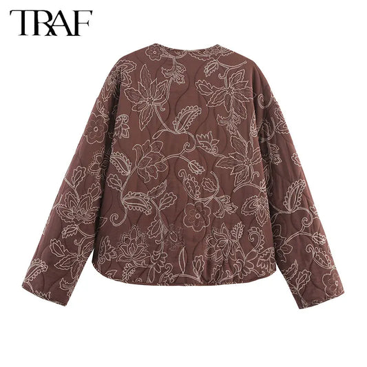 TRAF Early Autumn New Women's Elegant Printed Quilted Coat Women's Single Breasted Coat Women's Retro Street Clothing Jacket