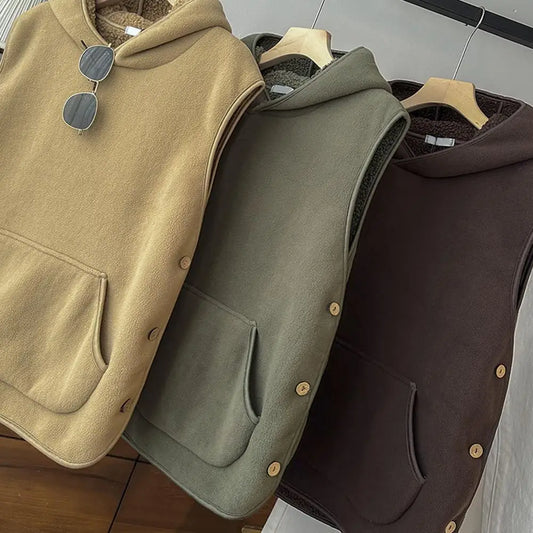 Lady Thermal Vest Women Side Button Closure Fleece Hooded Vest Solid Color Front Pocket Casual Top For Fall Winter