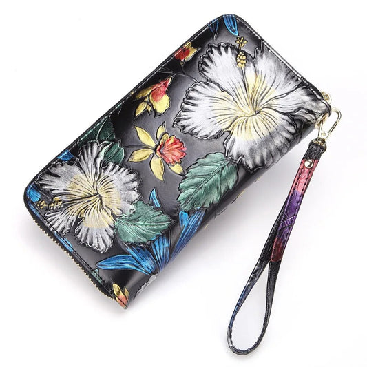 Women Genuine Leather Long Purse Wrist Clutch Bags Cowhide Floral Pattern Retro Coin Cash ID Card Holder Money Handy Bag Wallet